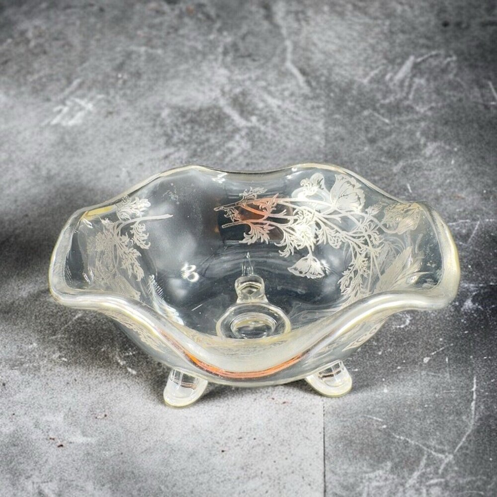 Vintage Viking Glass Silver‎ Overlay Flowers Clear Footed Bowl Dish Glass Decor
